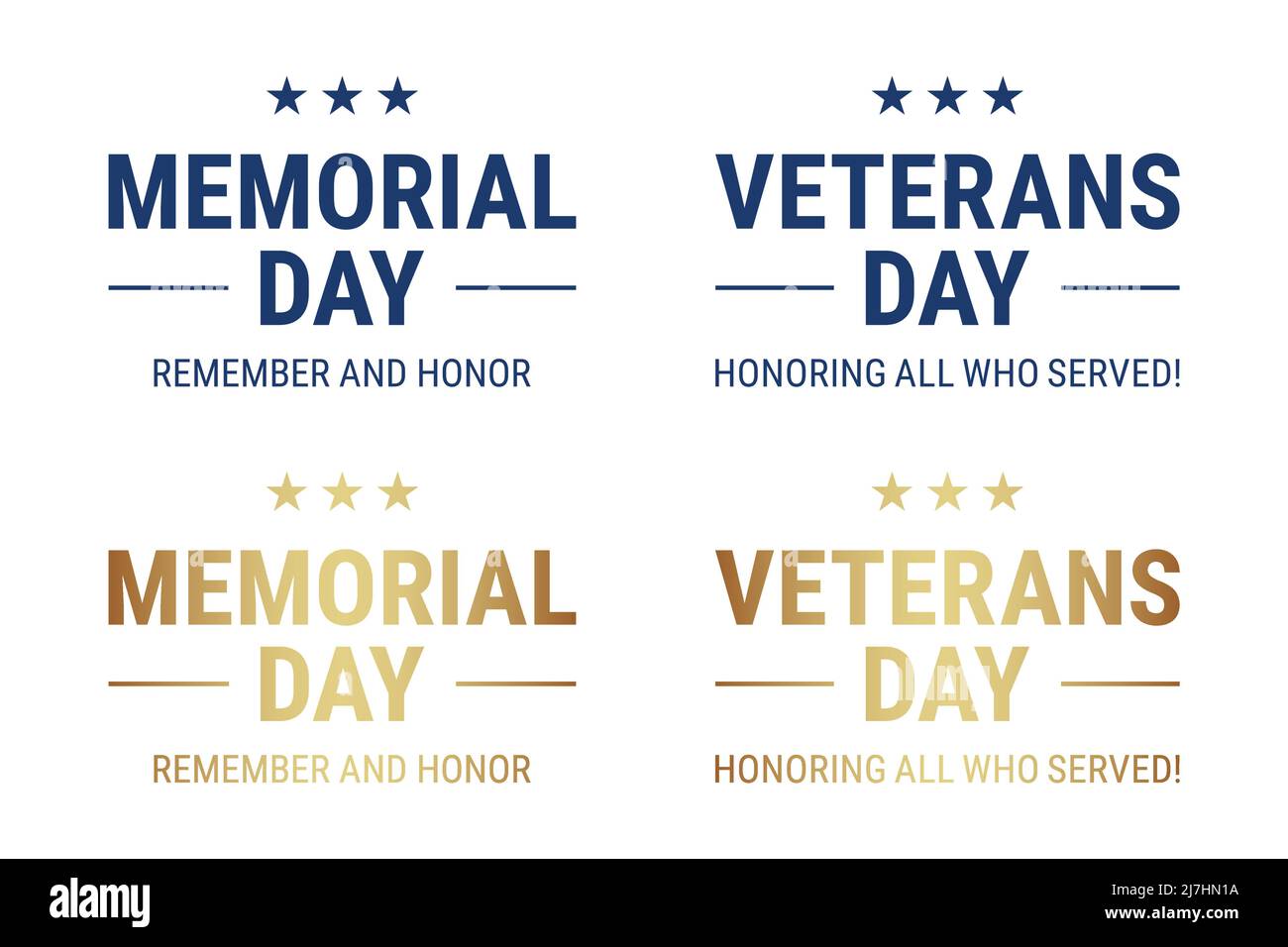 Memorial Day und Veterans Day Grußtext-Vektor-Set, in goldenen und blauen Farben, isoliert auf weißem Hintergrund. Stock Vektor