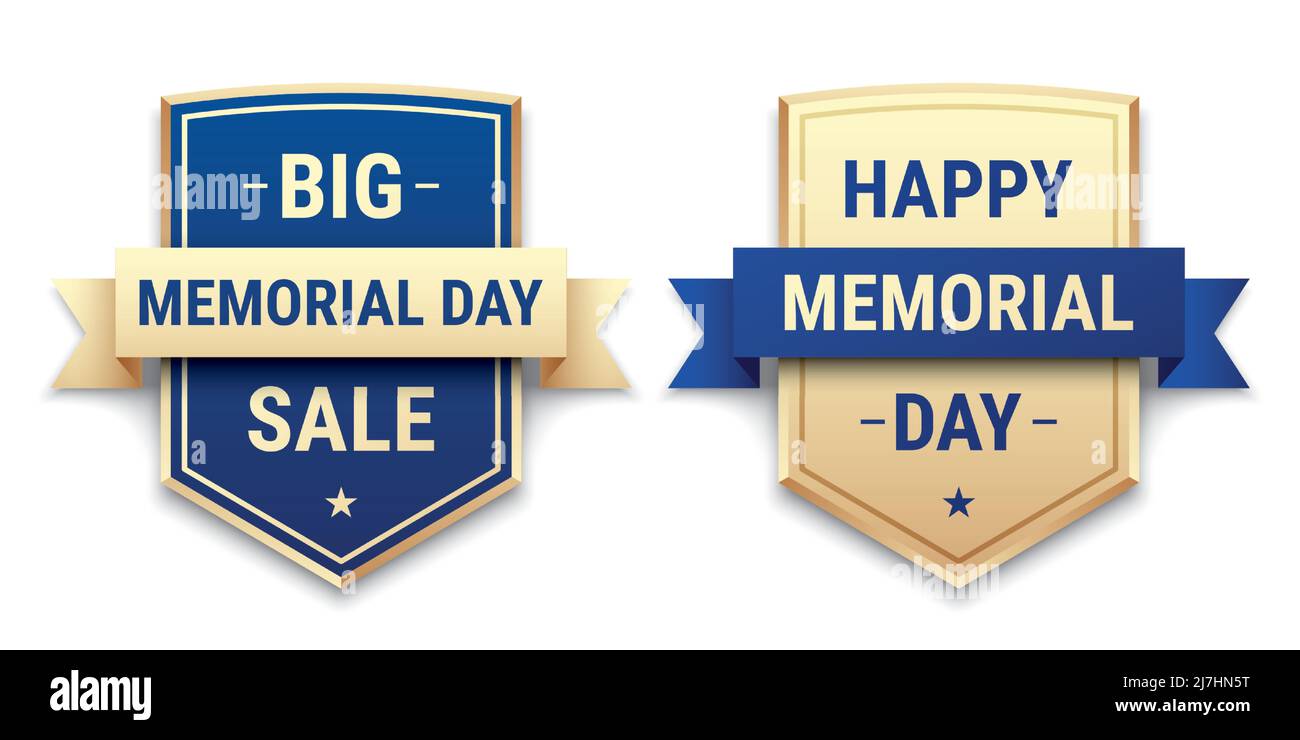 Memorial Day Grußkarten und Verkaufs-Vektor-Abzeichen, in blauen und goldenen Farben, isoliert auf weißem Hintergrund. Stock Vektor