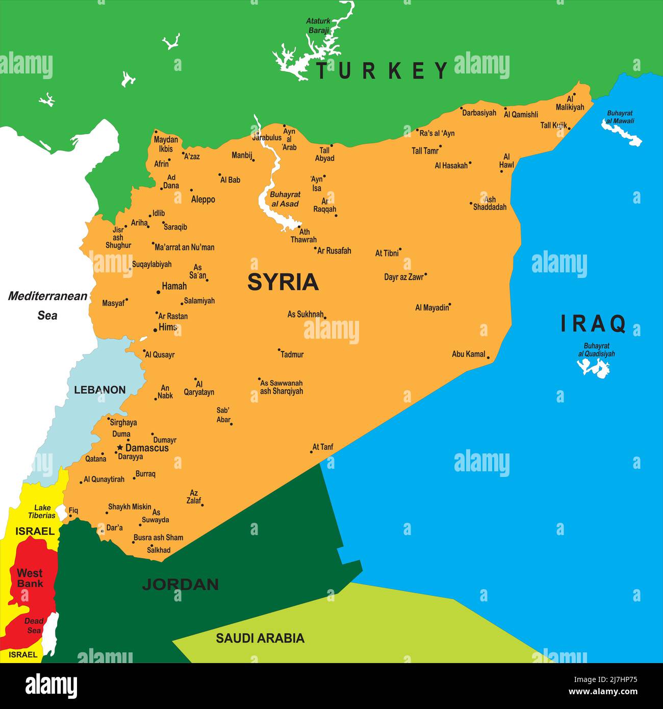 Sehr detaillierte Karte von Syrien mit Nachbarländern und Hauptstädten. Stock Vektor