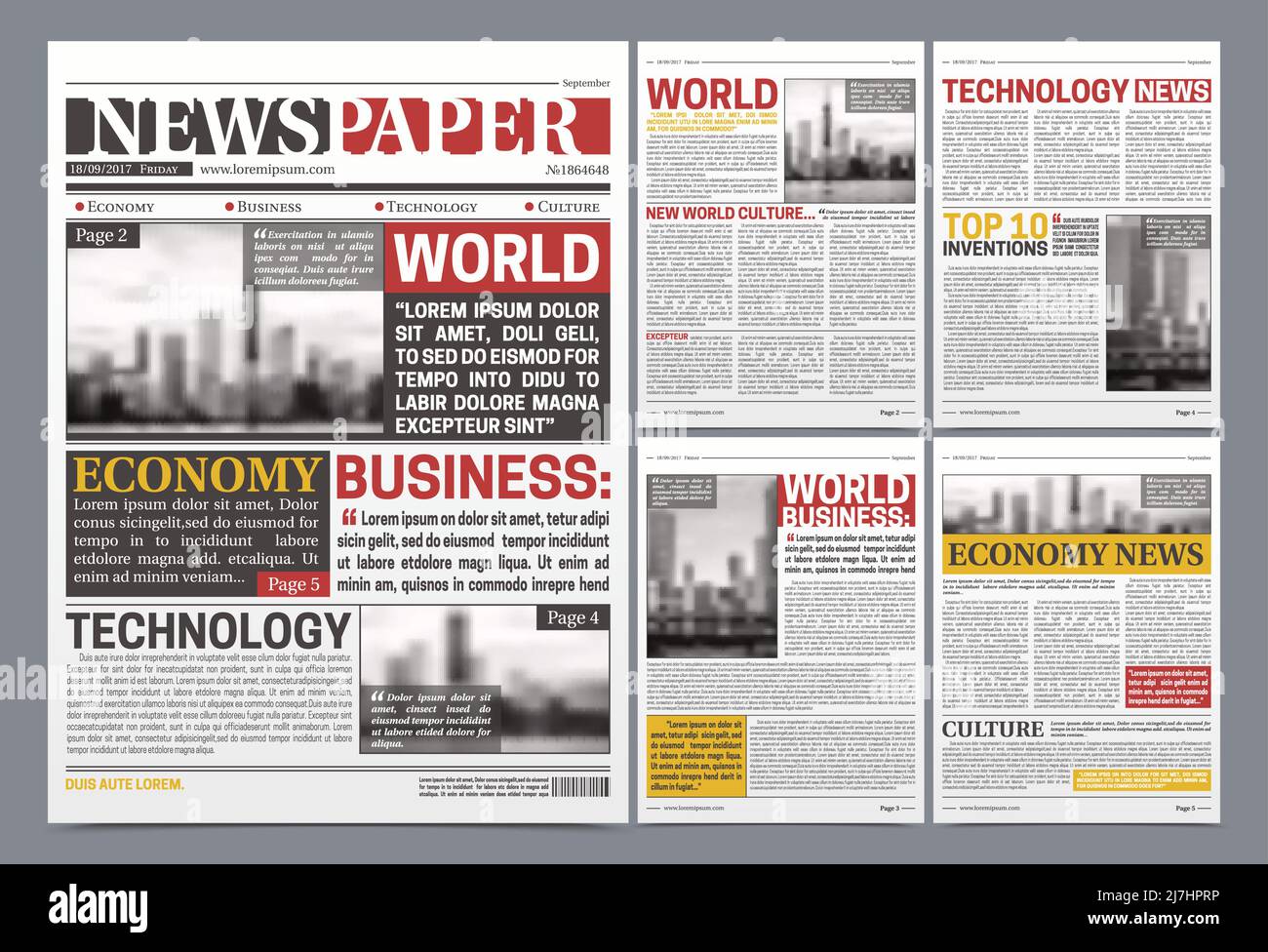 Zeitung Seiten Vorlage Design mit weltweit brechenden Nachrichten Wirtschaft Technologie Und Business-Schlagzeilen realistische Vektor-Illustration Stock Vektor