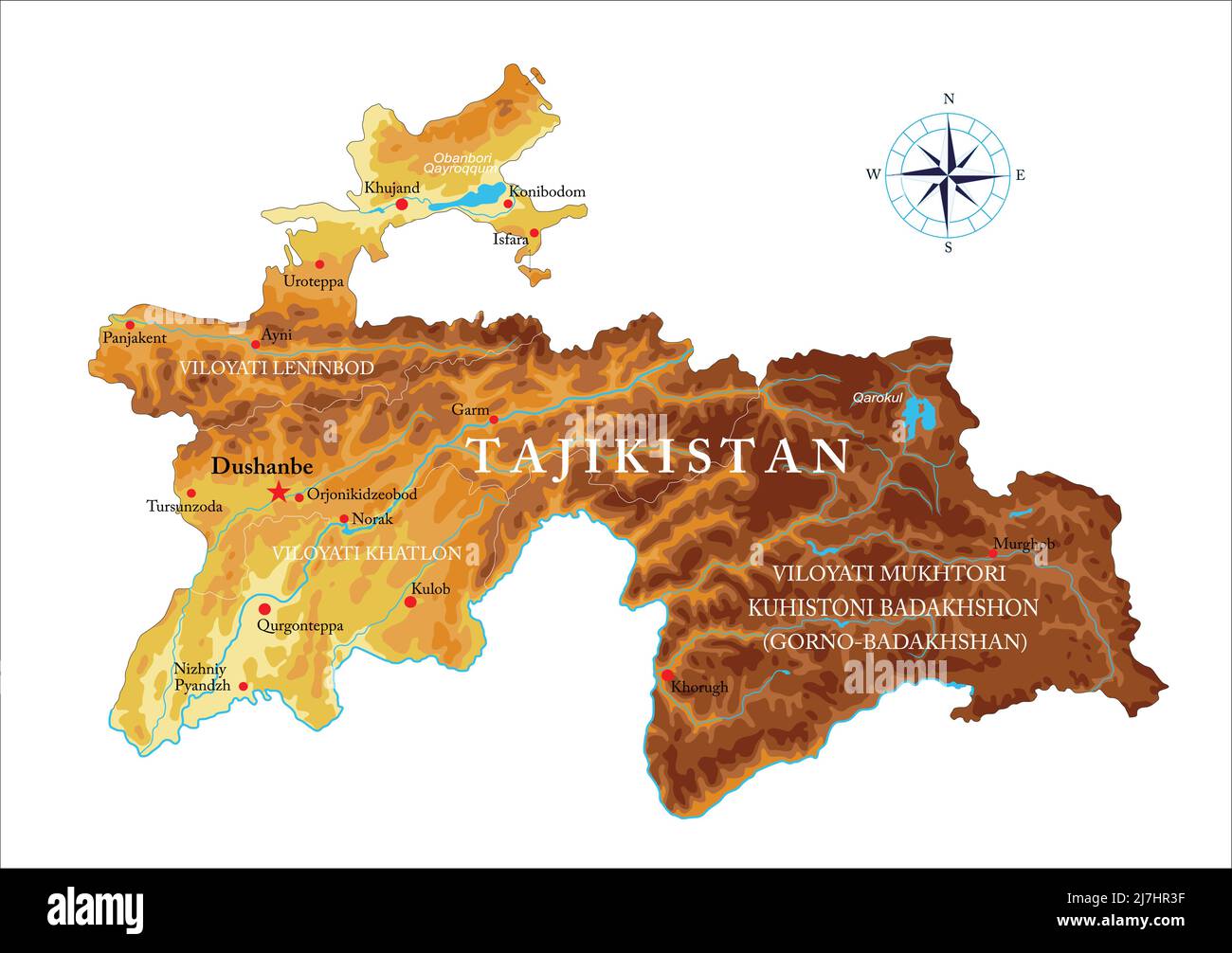 Sehr detaillierte physische Karte von Tadschikistan, im Vektorformat, mit allen Reliefformen, Regionen und großen Städten. Stock Vektor
