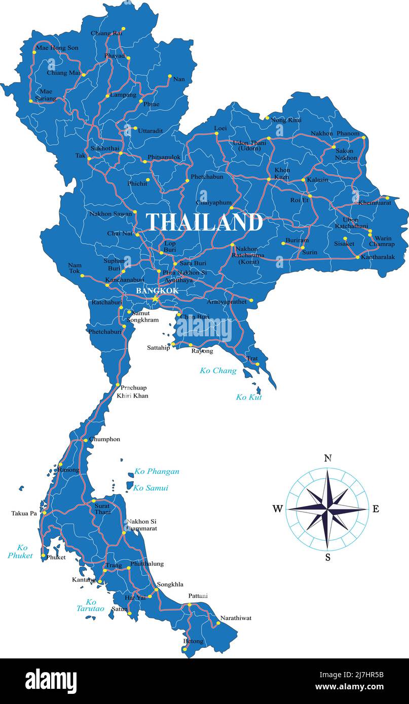 Hochdetaillierte Vektorkarte von Thailand mit Verwaltungsregionen, Hauptstädten und Straßen. Stock Vektor