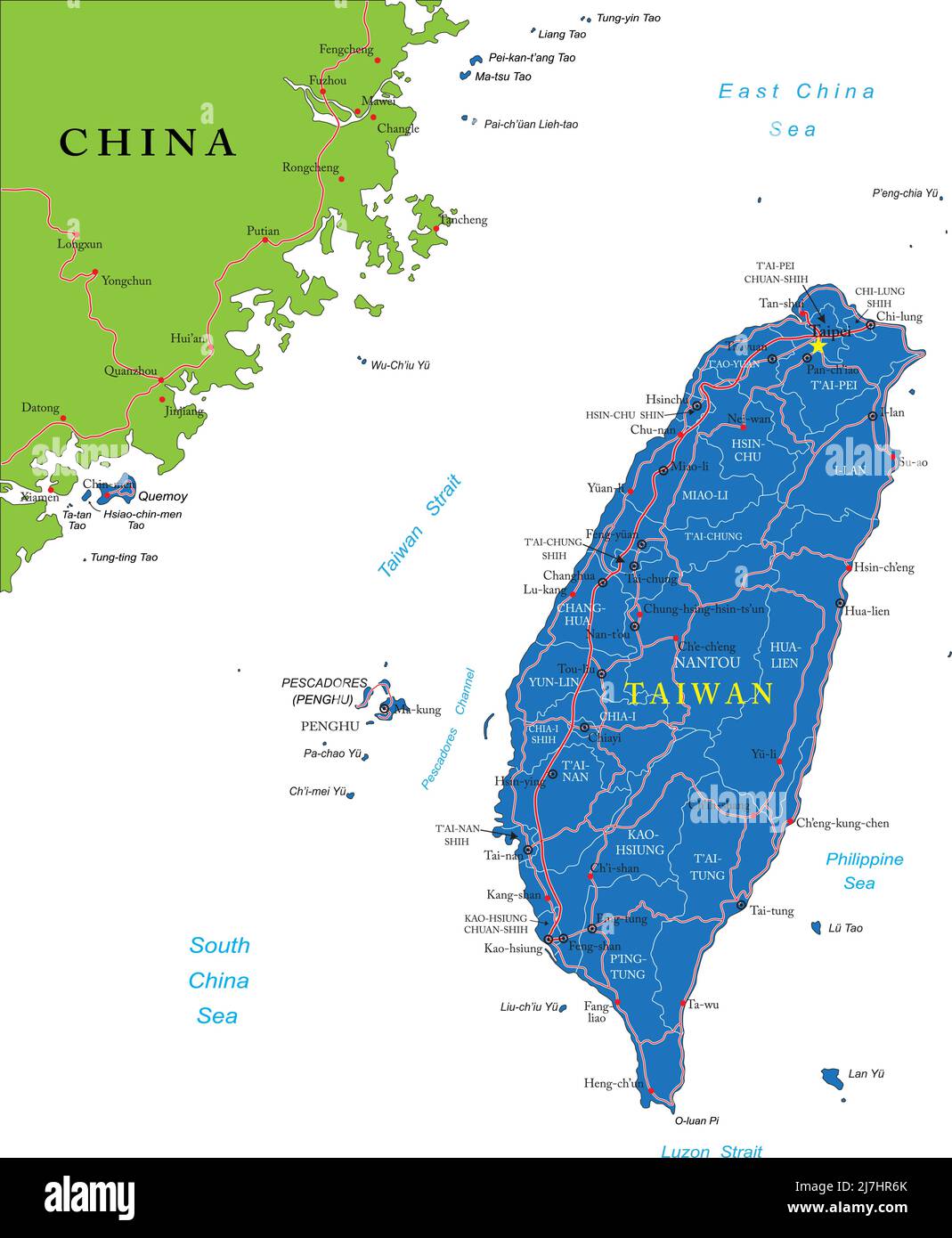 Taiwan hoch detaillierte Vektorkarte mit Verwaltungsregionen, Hauptstädten und Straßen. Stock Vektor