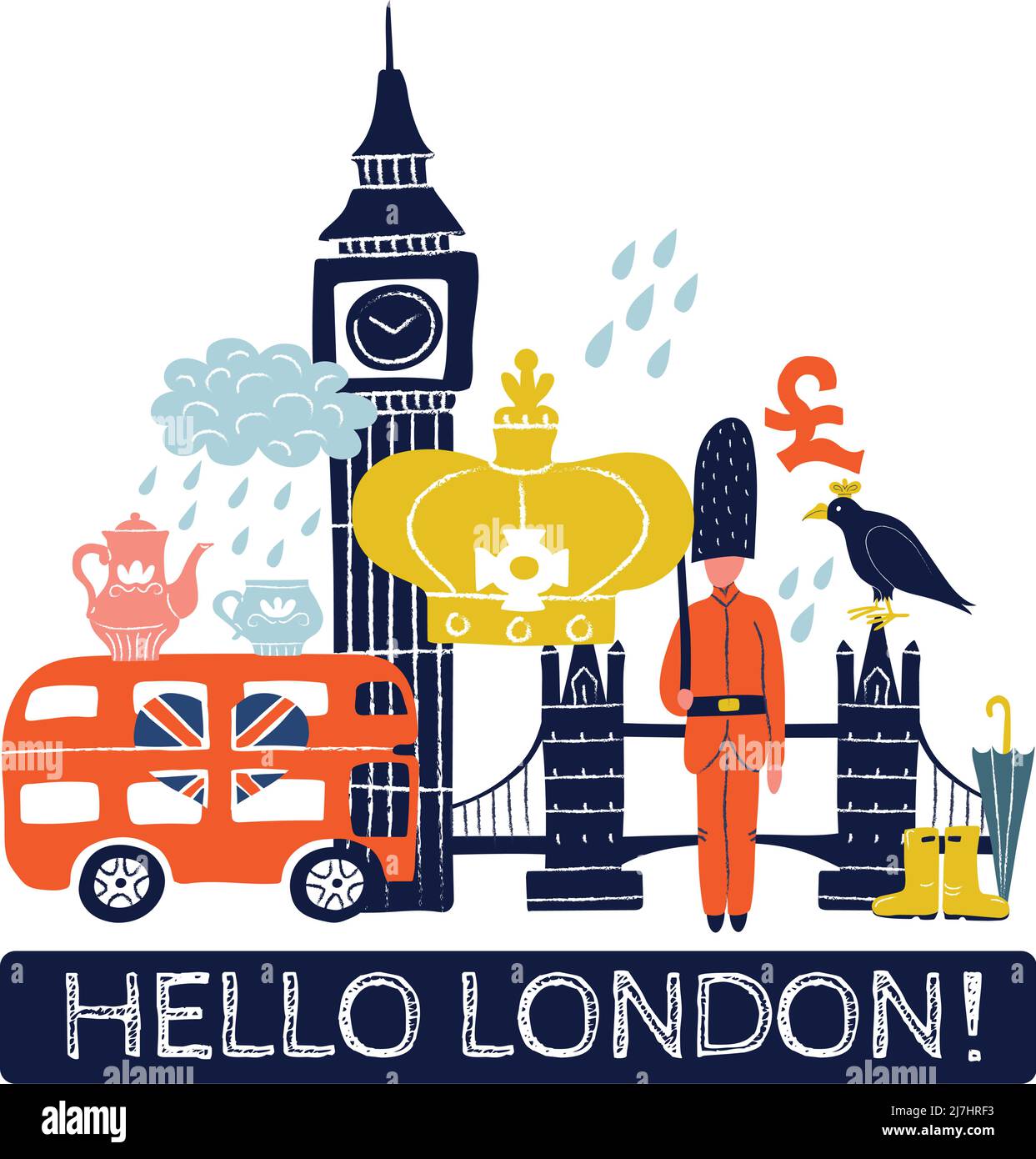 Tourist london Poster mit königlicher Krone, Pfund-Zeichen, Doppeldeckerbus, Tower Bridge, Big ben Vektor-Illustration Stock Vektor