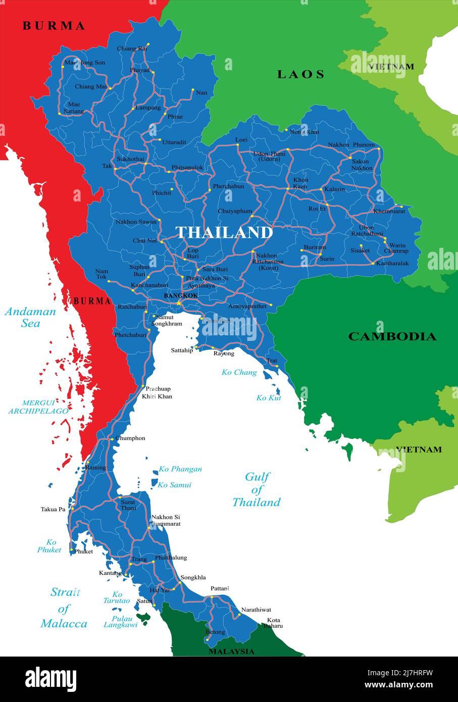 Hochdetaillierte Vektorkarte von thailand mit Verwaltungsdivisionen, Hauptstädten und Straßen. Stock Vektor