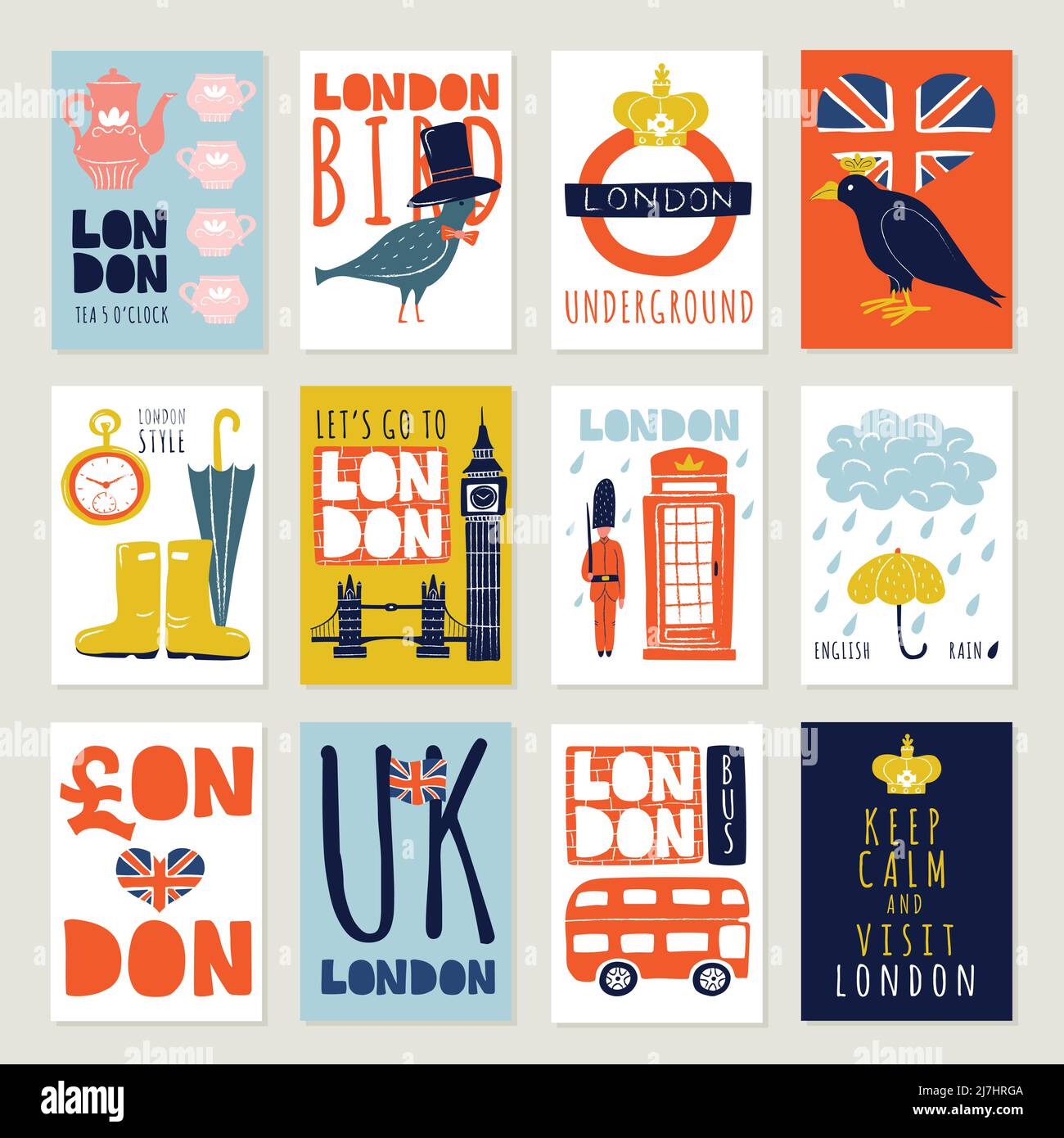 Set von Plakaten und Bannern mit london Symbole einschließlich Architektur, Tee, Wetter, Bus, Vögel isoliert Vektor Illustration Stock Vektor