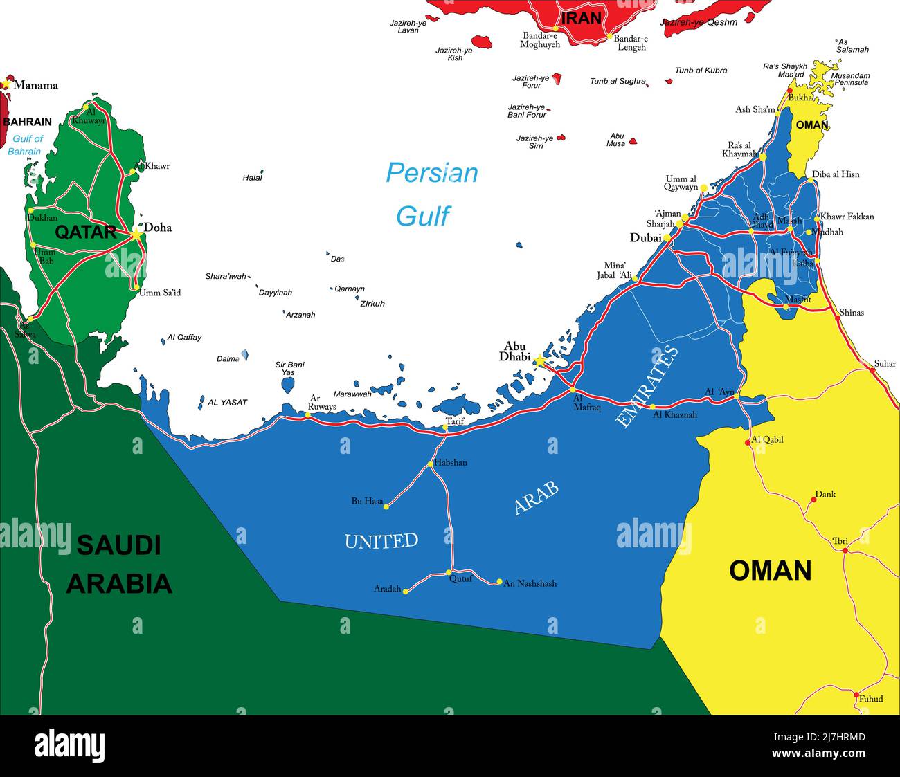 Sehr detaillierte Vektorkarte der Vereinigten Arabischen Emirate mit Verwaltungsregionen, Hauptstädten und Straßen. Stock Vektor