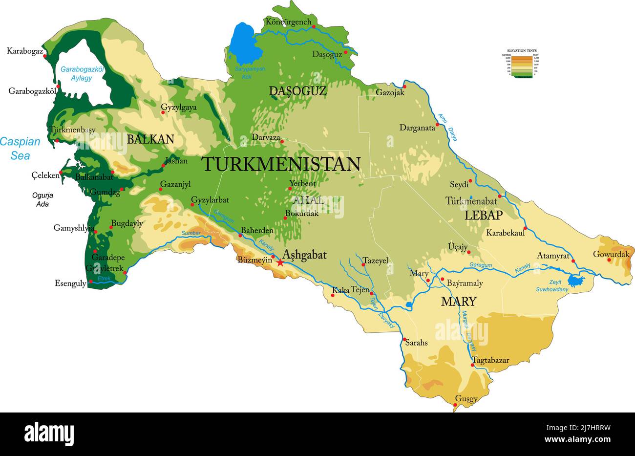 Hochdetaillierte physische Karte von Turkmenistan, im Vektorformat, mit allen Reliefformen, Regionen und großen Städten. Stock Vektor