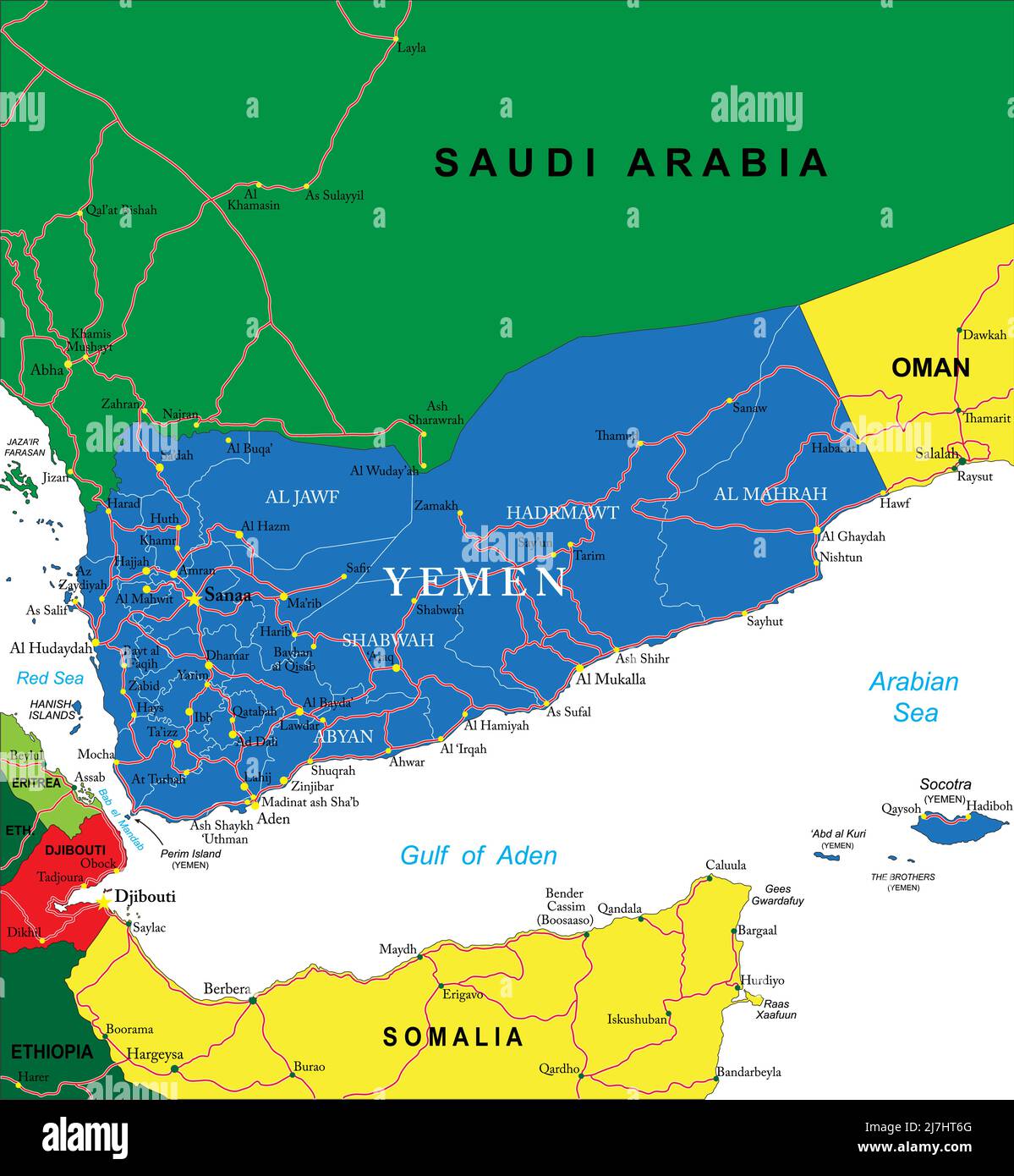 Hochdetaillierte Vektorkarte von Jemen mit Verwaltungsregionen, Hauptstädten und Straßen. Stock Vektor