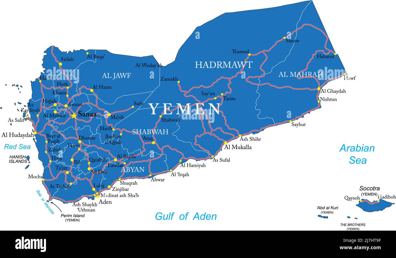 Sehr detaillierte Vektorkarte von Jemen mit Verwaltungsregionen, Hauptstädten und Straßen. Stock Vektor