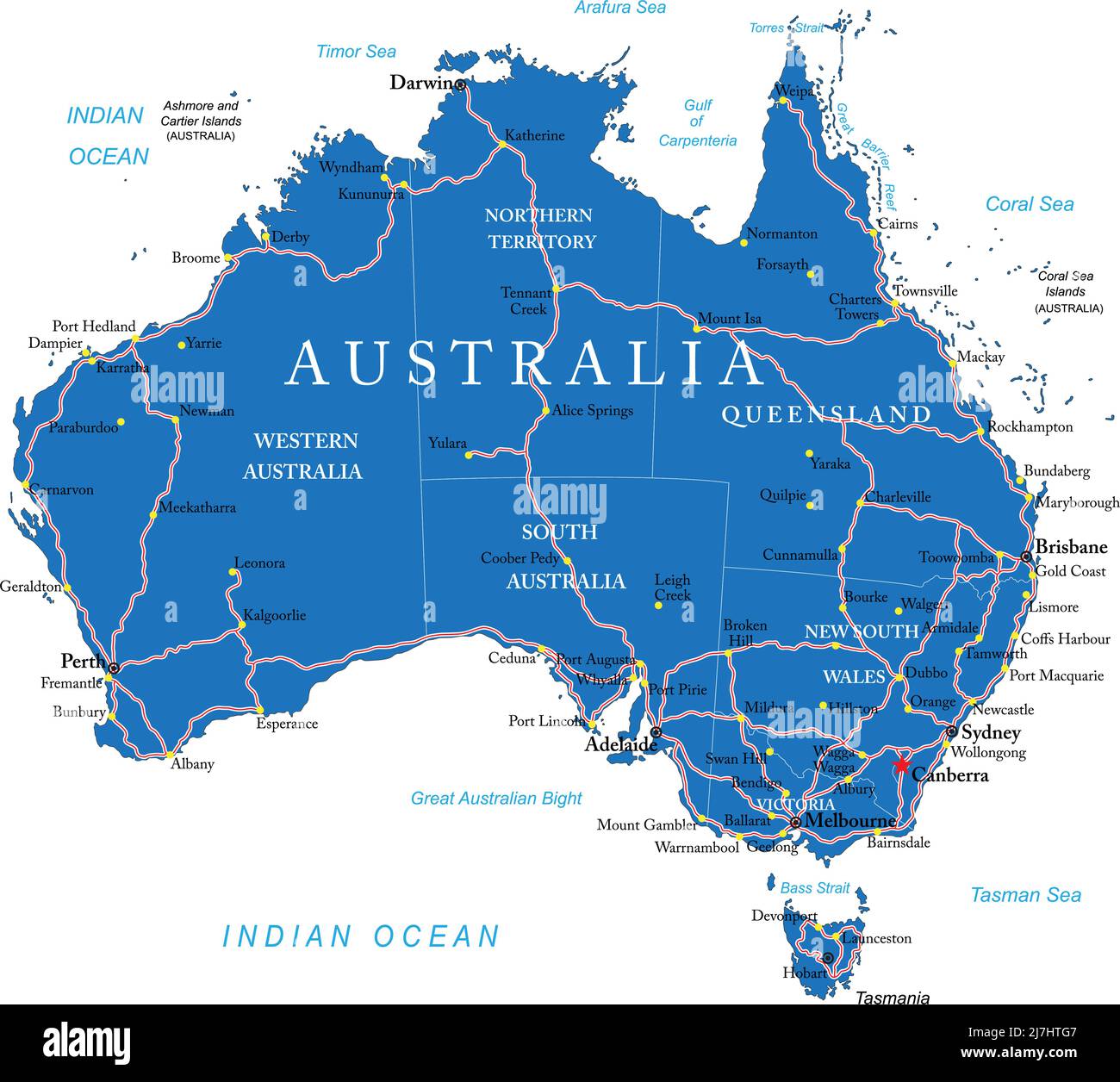 Sehr detaillierte Vektorkarte von Australien mit Verwaltungsregionen, Hauptstädten und Straßen. Stock Vektor