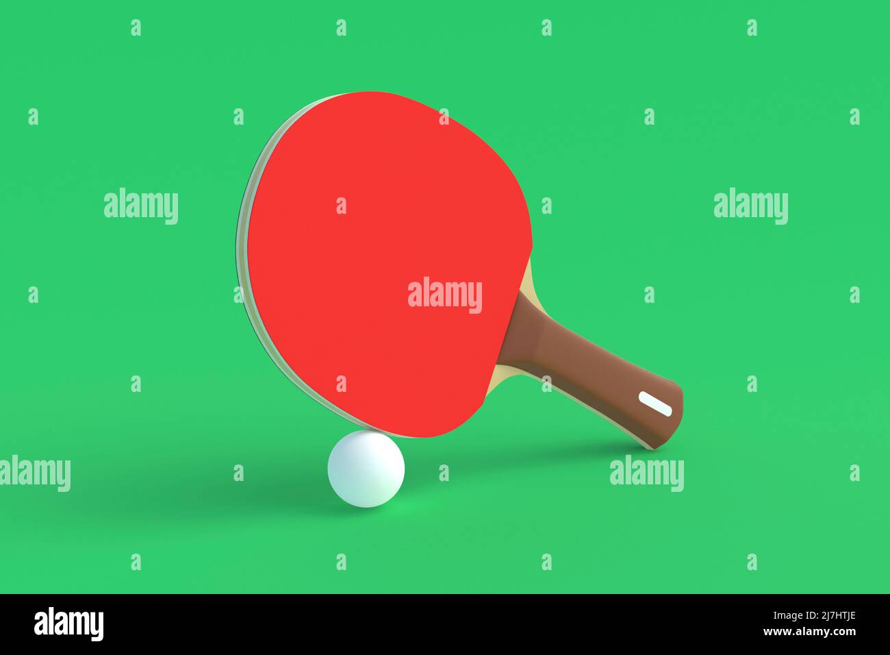Tischtennis-Paddel mit Ball auf grünem Hintergrund. Spiel für die Freizeit. Sportausrüstung. Internationaler Wettbewerb. Tischtennis. 3D Rendern Stockfoto