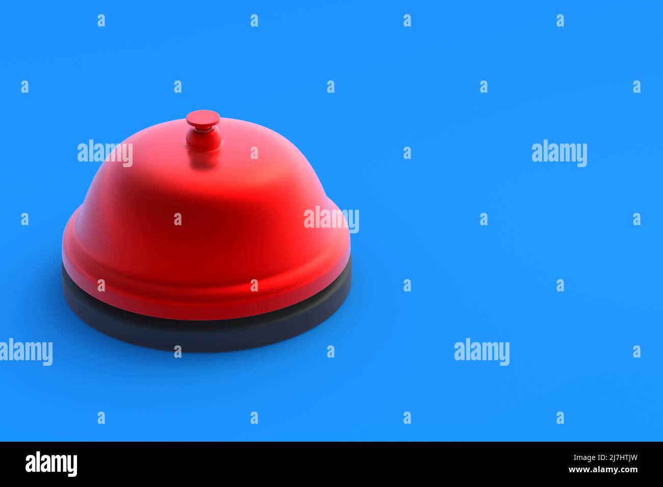 Rote Metallic-Klingel auf blauem Hintergrund. Administratoranruf. Speicherplatz kopieren. 3D Rendern Stockfoto
