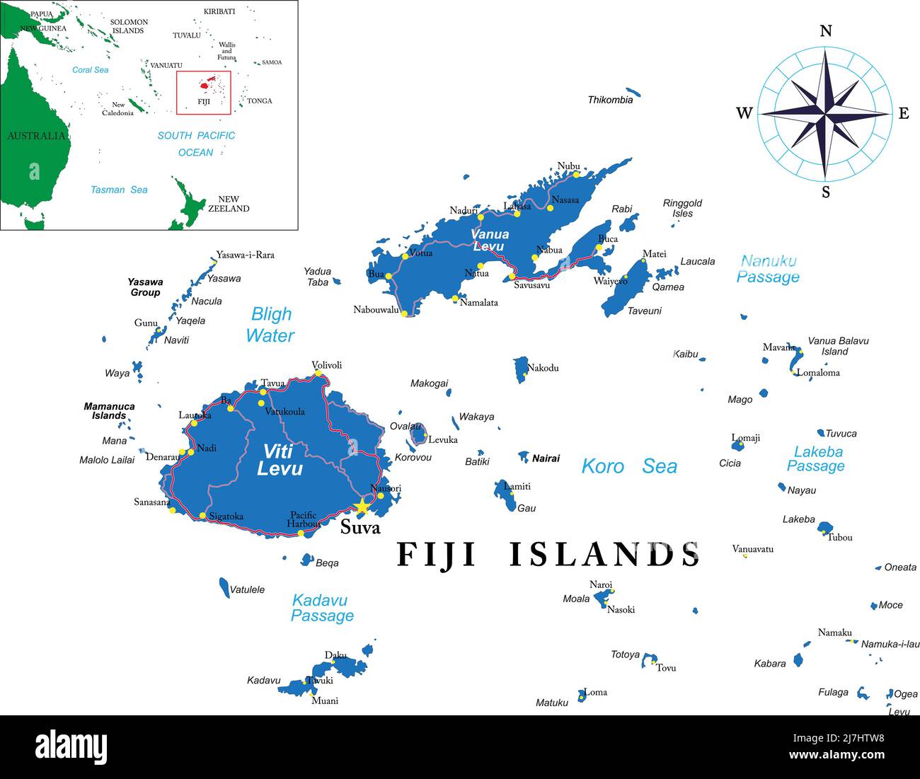 Hochdetaillierte Vektorkarte von Fidschi mit den wichtigsten Städten und Straßen. Stock Vektor