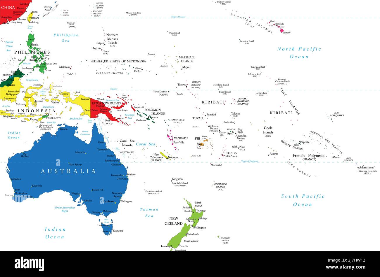 Sehr detaillierte Vektorkarte von Ozeanien mit Ländern und Hauptstädten. Stock Vektor