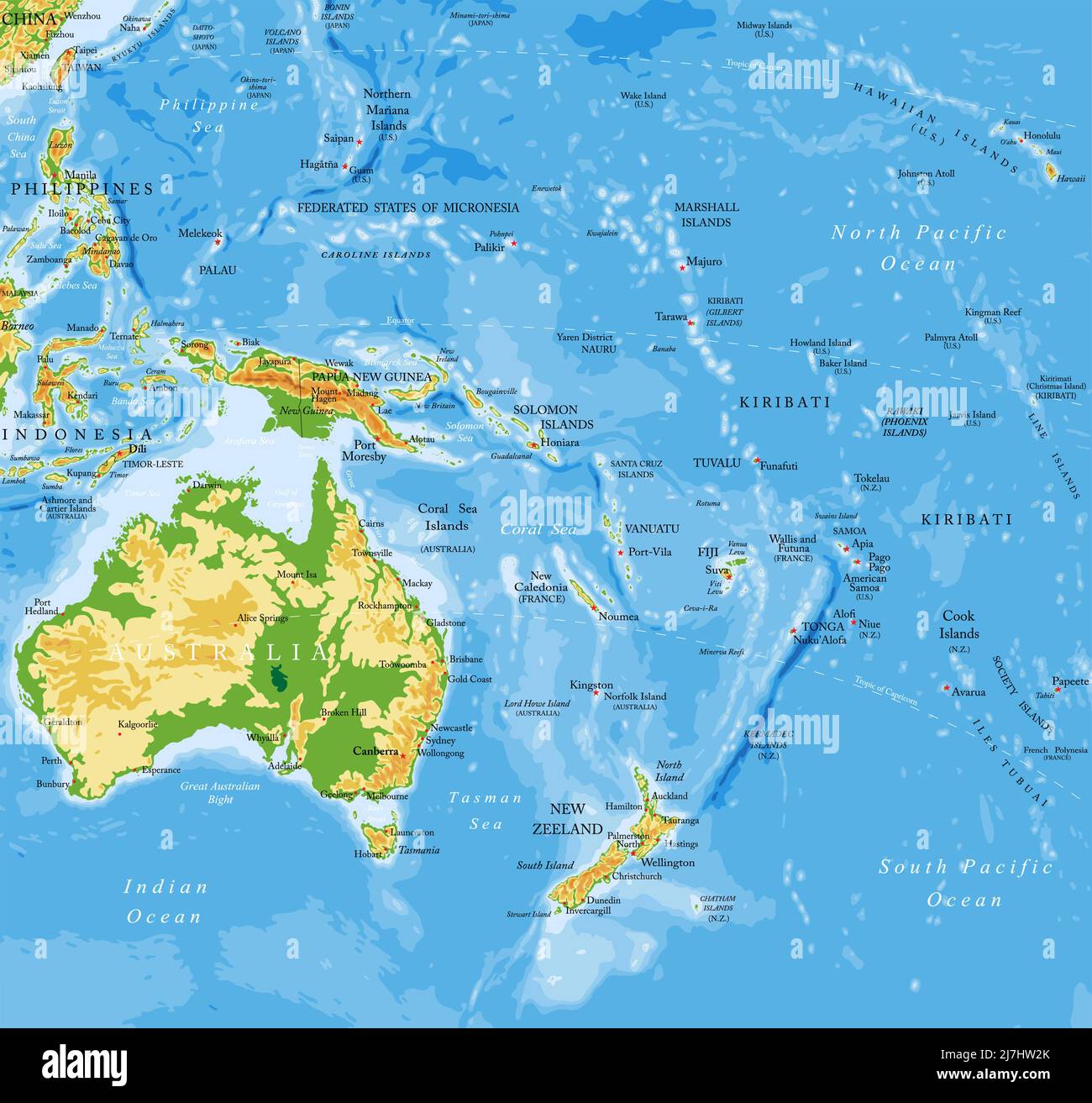 Sehr detaillierte Vektorkarte von Ozeanien mit Ländern, Hauptstädten und allen Reliefformen. Stock Vektor