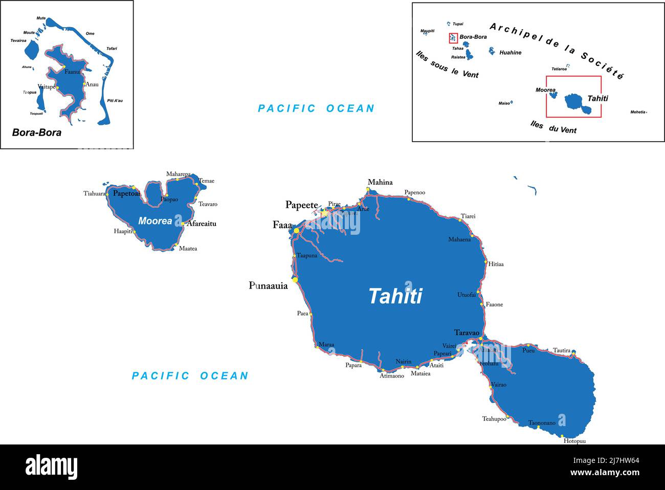 Sehr detaillierte Vektorkarte von Tahiti und Bora-Bora mit den wichtigsten Städten und Straßen. Stock Vektor
