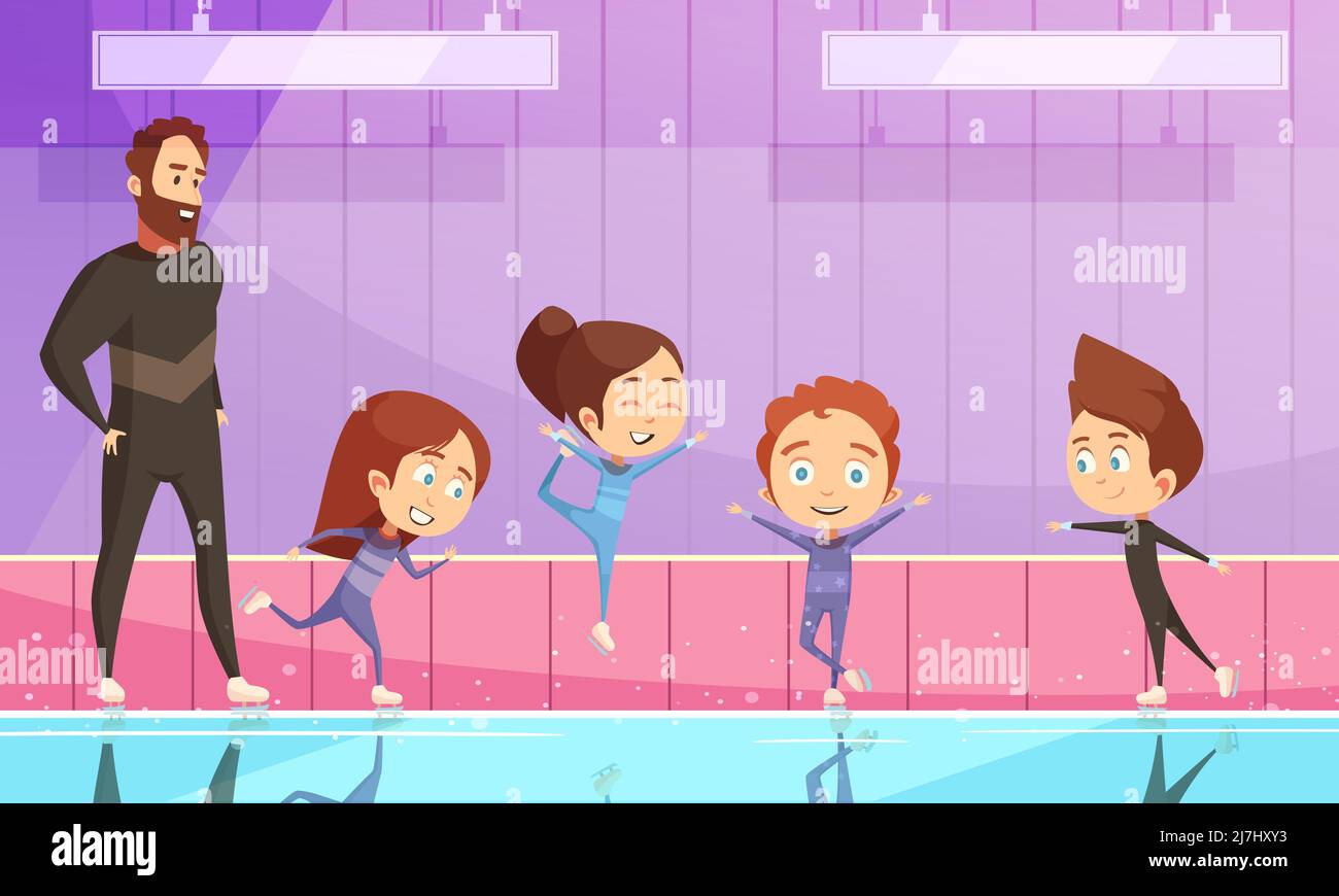 Kinder Sport flache Vektor-Illustration mit Cartoon-Figuren Training auf stadion mit ihrem Trainer beim Eiskunstlauf Stock Vektor