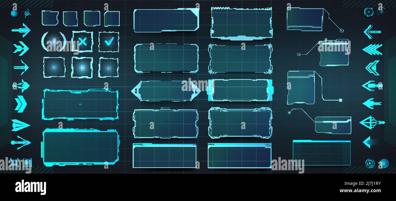 HUD Elements Set – Rahmenbildschirm, Pfeile, Beschriftungen, Schaltflächen, futuristische UI-Balken Stock Vektor