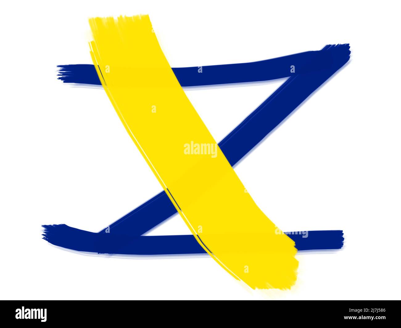 Anti-Kriegs-Konzert. Ein blauer Buchstabe Z, durchgestrichen mit einer gelben Linie in Form eines Pinselstrichs. Stockfoto
