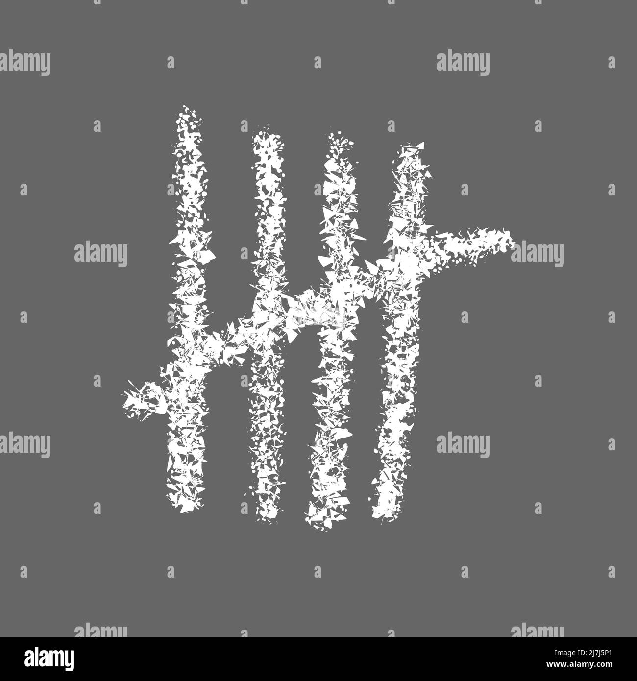 Handgezeichnete Kreidemarkierung auf grauem Hintergrund. Vier weiße Stäbe, durchgestrichen durch Schrägstrich. Streifen auf der Tafel zählen. Unäres Zahlensystem-Symbol der Zahl 5. Realistische Vektordarstellung Stock Vektor