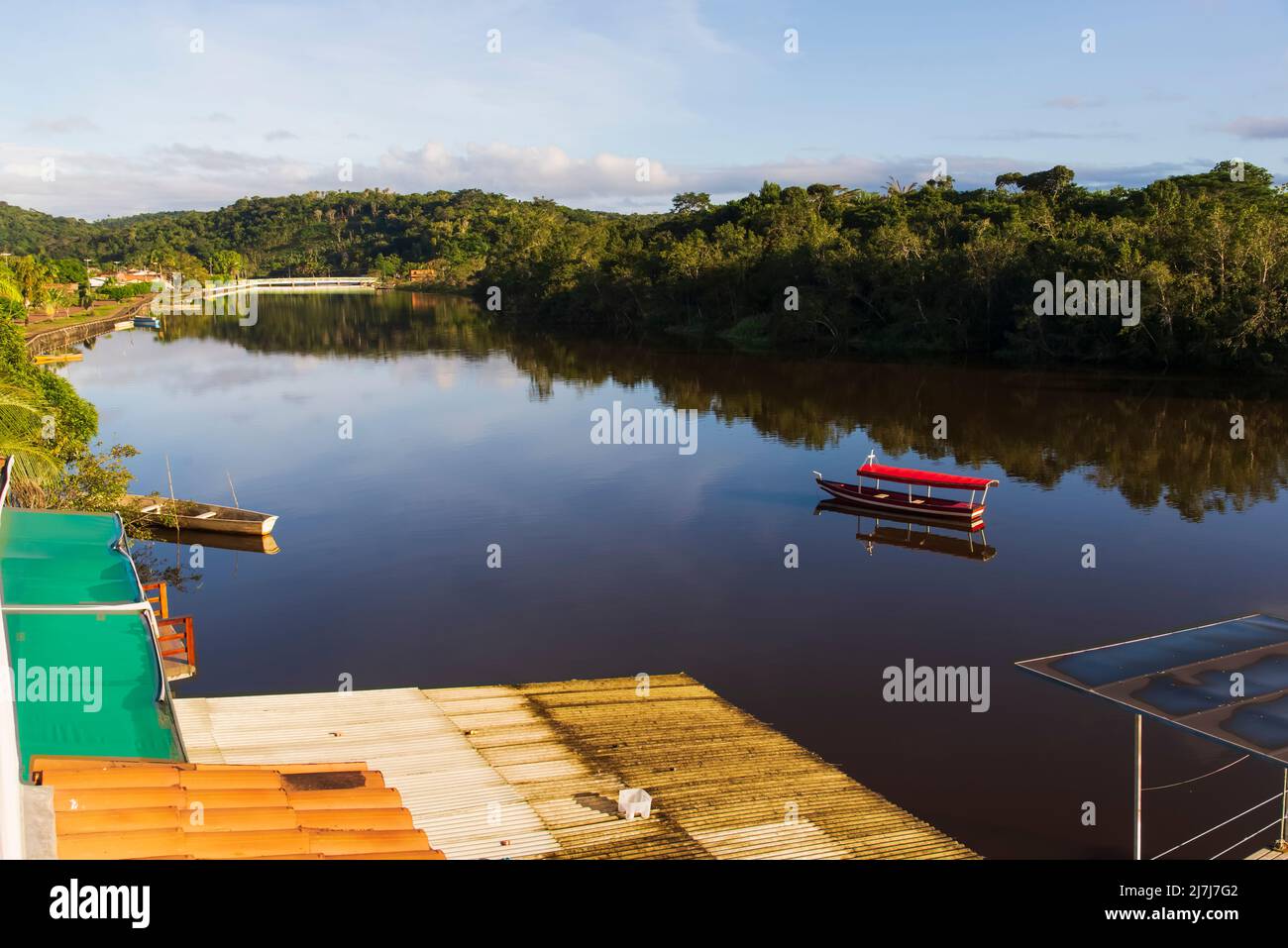 Das Boot hielt auf dem Fluss vor Waldgrund an. Nilo Pecanha, Bahia, Brasilien. Stockfoto