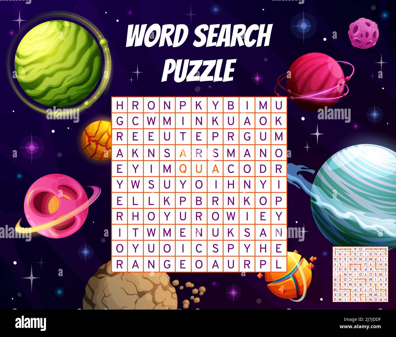 Fantastische Galaxie Raum Planeten für Wortsuche Puzzle-Spiel, Vektor-Arbeitsblatt. Kinder Bildung Quiz Raster Wort der Planeten Farbe im außerirdischen galaktischen Raum oder kosmischen Fantasy-Universum zu suchen Stock Vektor