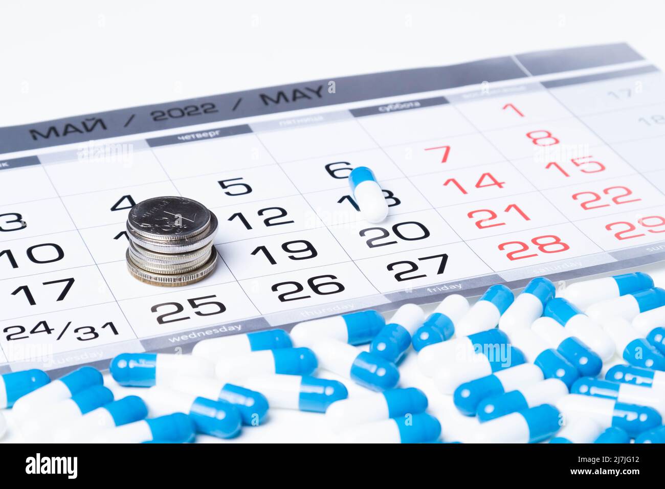 Medikamentenkurs. Bestrahlungsplan. Tabletten und Kalender. Zeitraum der medizinischen 