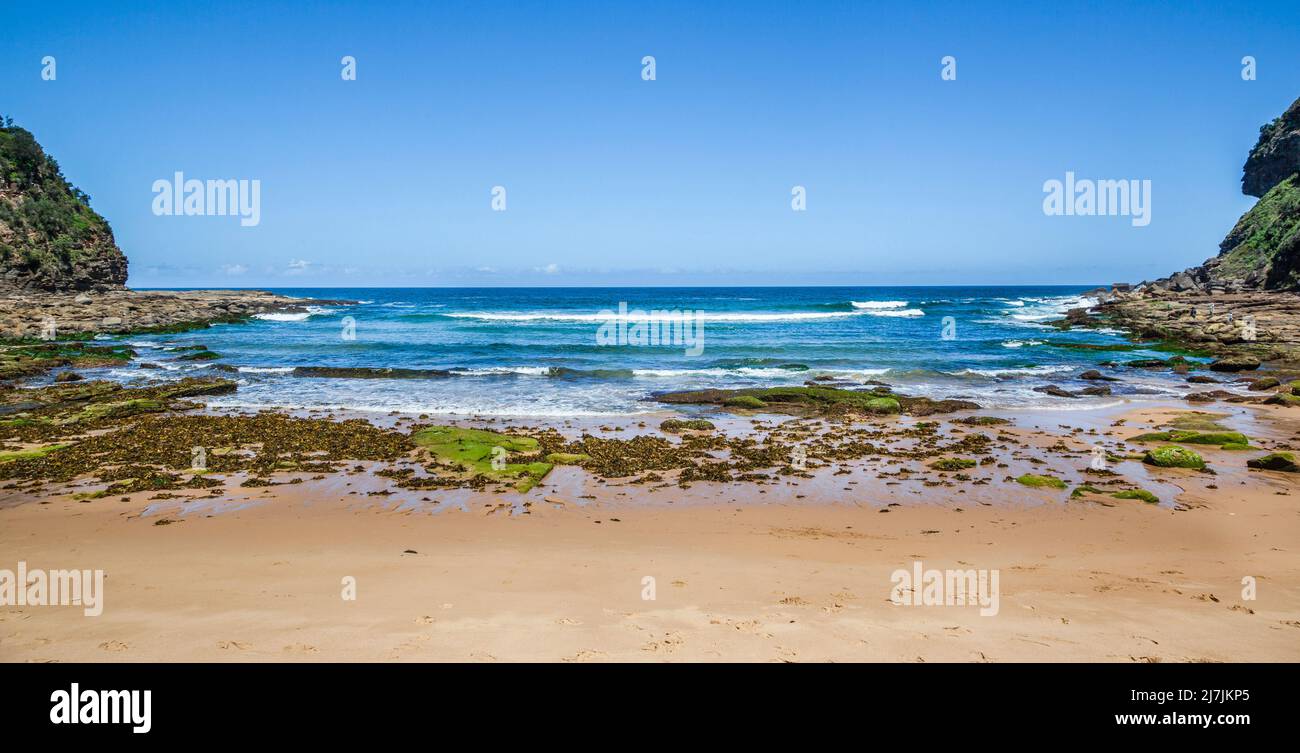 Felsen bei Ebbe am abgeschiedenen Little Beach im Bouddi National Park an der Central Coast von New South Wales, australien, freigelegt Stockfoto