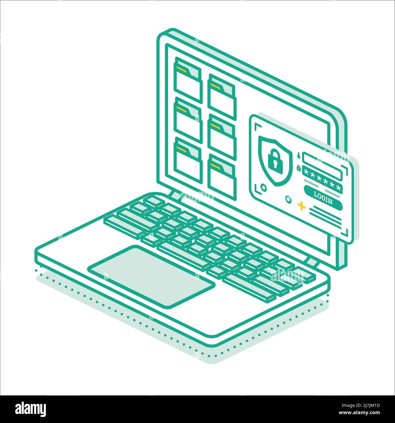 Authentifizierungsformular auf dem Laptop-Bildschirm. Vektorgrafik. Fenster mit Ordnern. Anmeldeformular für das Konto mit den Feldern Benutzername und Kennwort. Stock Vektor