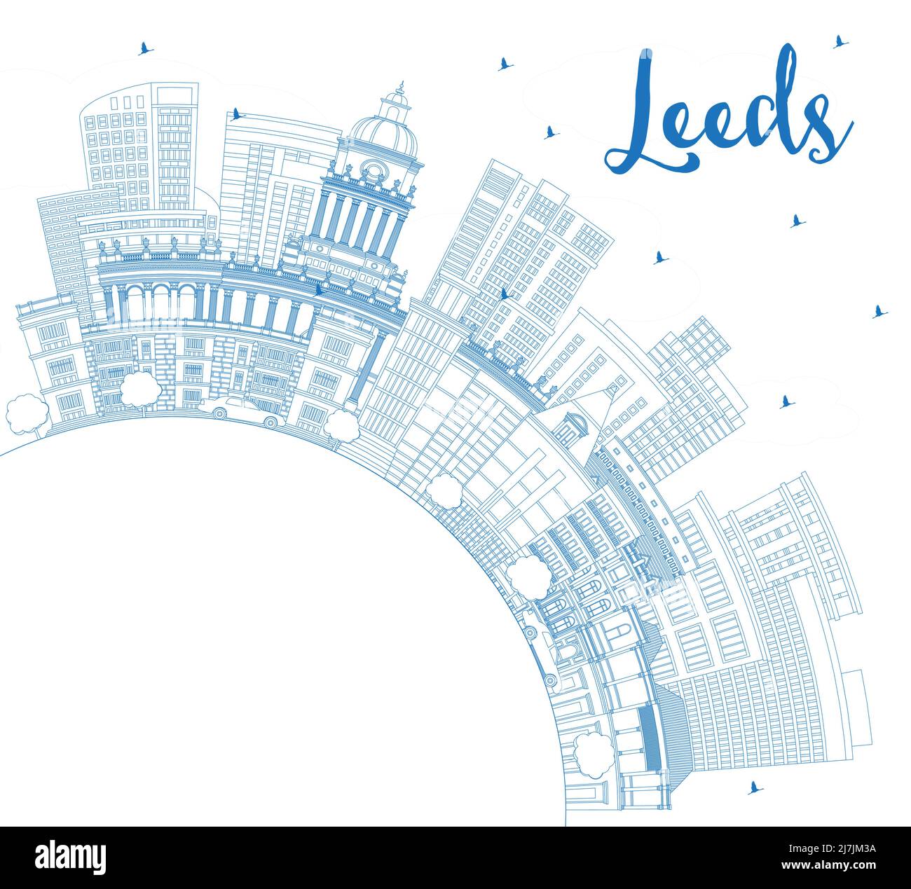 Skizzieren Sie die Skyline von Leeds UK mit blauen Gebäuden und Kopierflächen. Vektorgrafik. Leeds Yorkshire Stadtbild mit Wahrzeichen. Stock Vektor