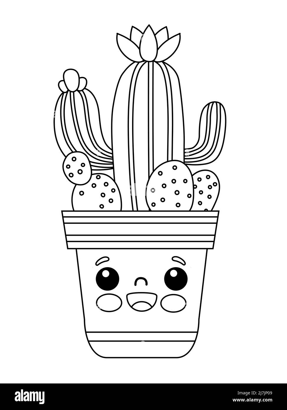 Färbung für Kinder. Set von niedlichen Kakteen und Sukkulenten in Töpfen. Schwarz-weiße Kontur Stock Vektor