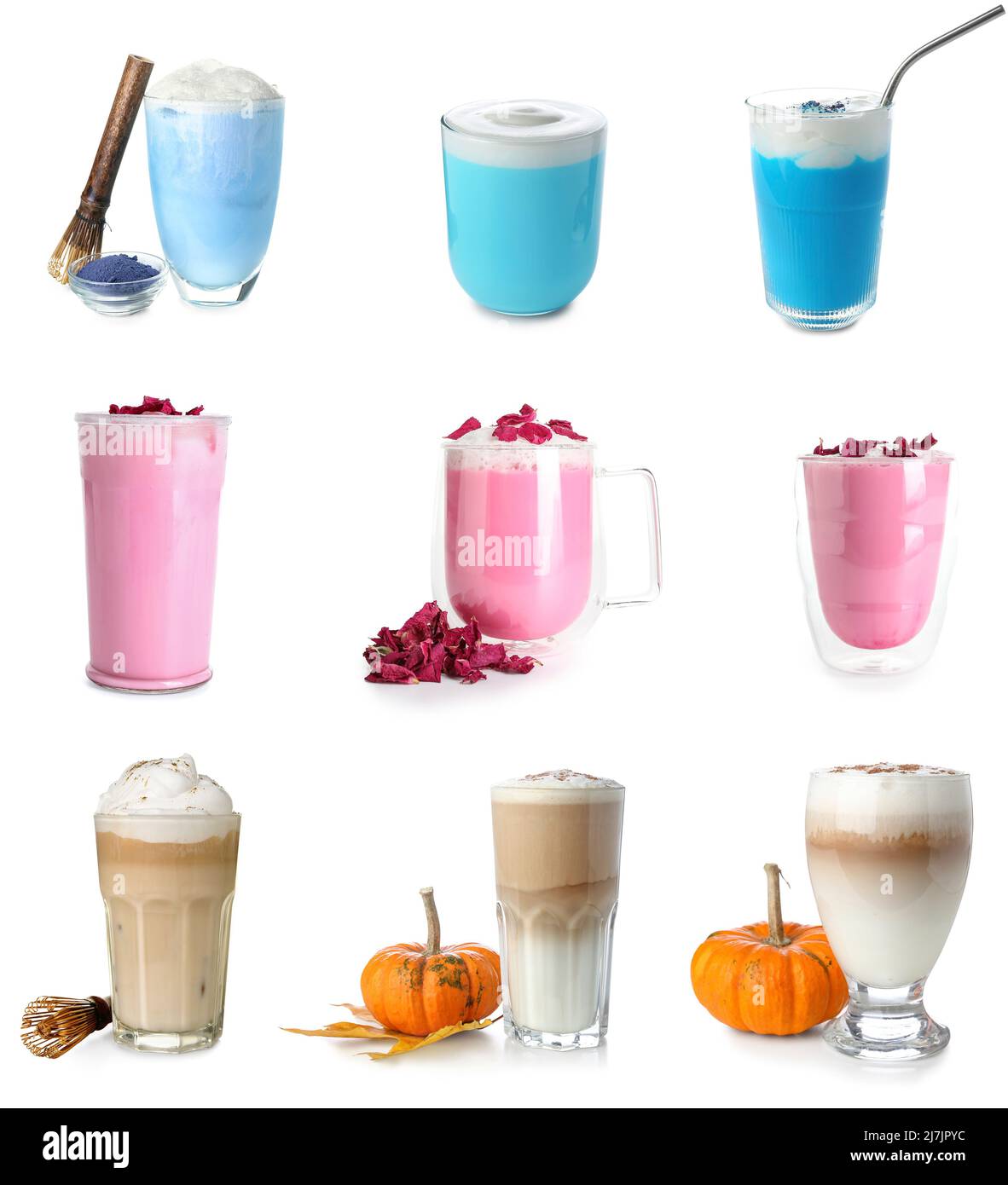 Set aus verschiedenen Latte-Kaffee auf weißem Hintergrund Stockfoto