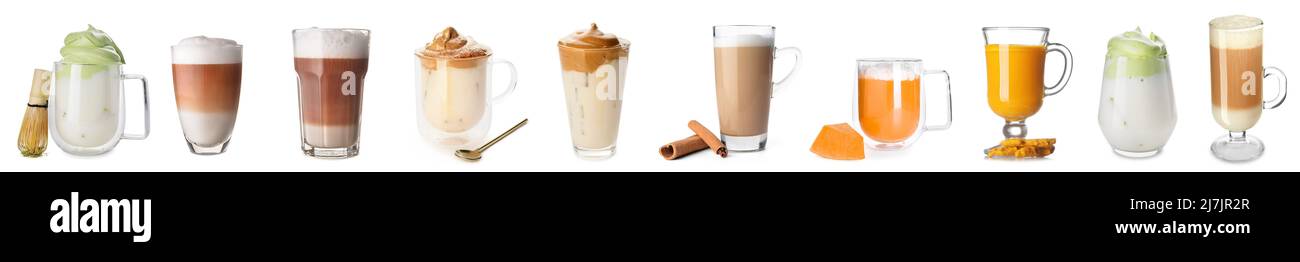 Set aus verschiedenen Latte-Kaffee auf weißem Hintergrund Stockfoto