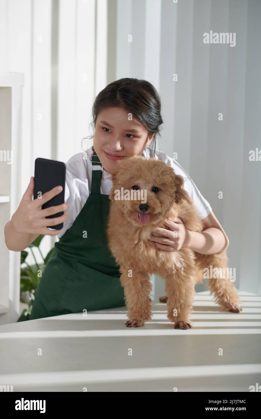 Glückliche Groomerin, die nach dem Eingriff Selfie mit einem kleinen Hund macht, um sie auf der Seite ihres Friseursalons hochzuladen Stockfoto