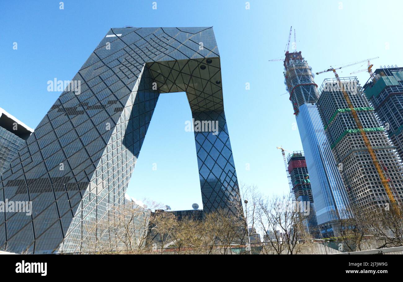 Bau moderner Gebäude und Wolkenkratzer im zentralen Geschäftsviertel in Peking, China. Stockfoto