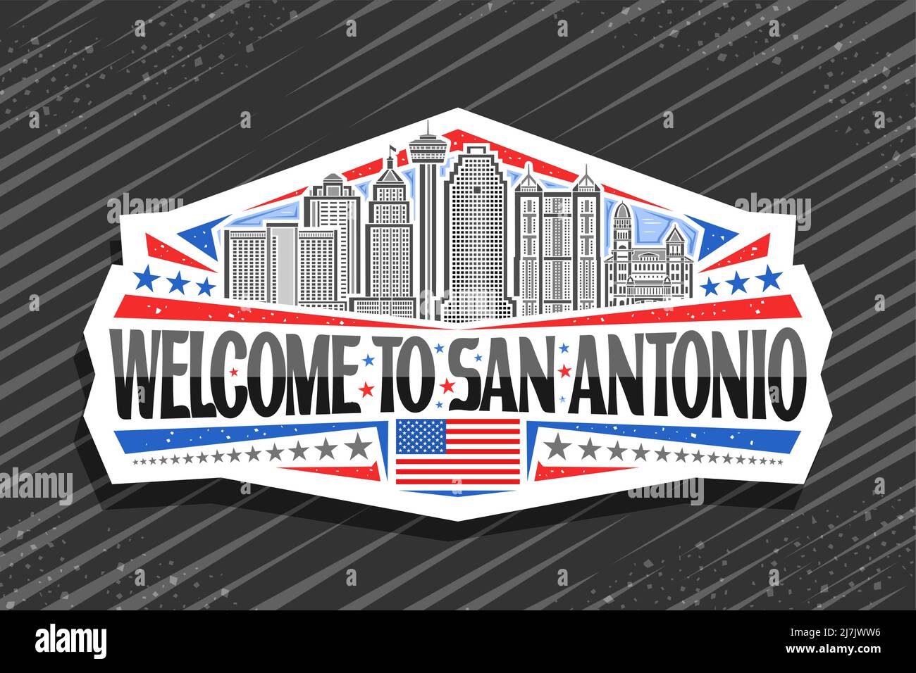 Vektor-Logo für San Antonio, Kunstdesign weißes Schild mit Illustration der berühmten amerikanischen Stadtlandschaft auf Tag Himmel Hintergrund, Schnitt Papier Abzeichen mit schwarzem w Stock Vektor
