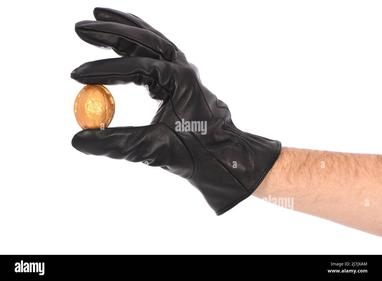 Mann mit schwarzem Lederhandschuh auf weißem Hintergrund, Nahaufnahme. In der Hand einer goldenen Nuss. Symbol des Wohlstands. Seitenansicht. Hochauflösendes Foto. Voll Stockfoto