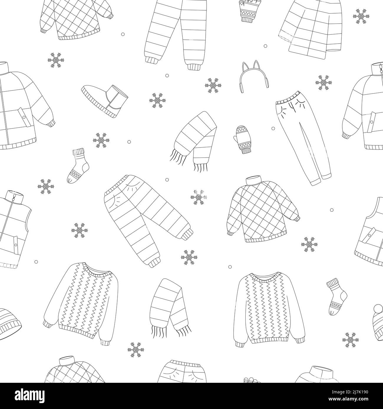 Schöne Winterkleidung Set, tolles Design für jeden Zweck. Flache Vektorgrafik. Nahtloses Muster. Farbbuch. Stock Vektor