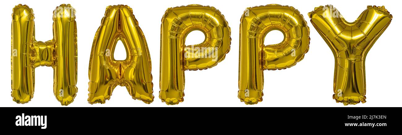 Echte Ballons in Form von Happy Word Metallic Gold auf weißem Hintergrund Stockfoto