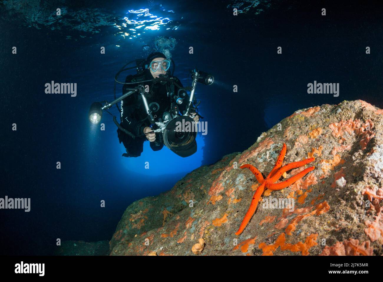 Scuba Diving in Green Cave, Insel Vis, Mittelmeer, Kroatien Stockfoto