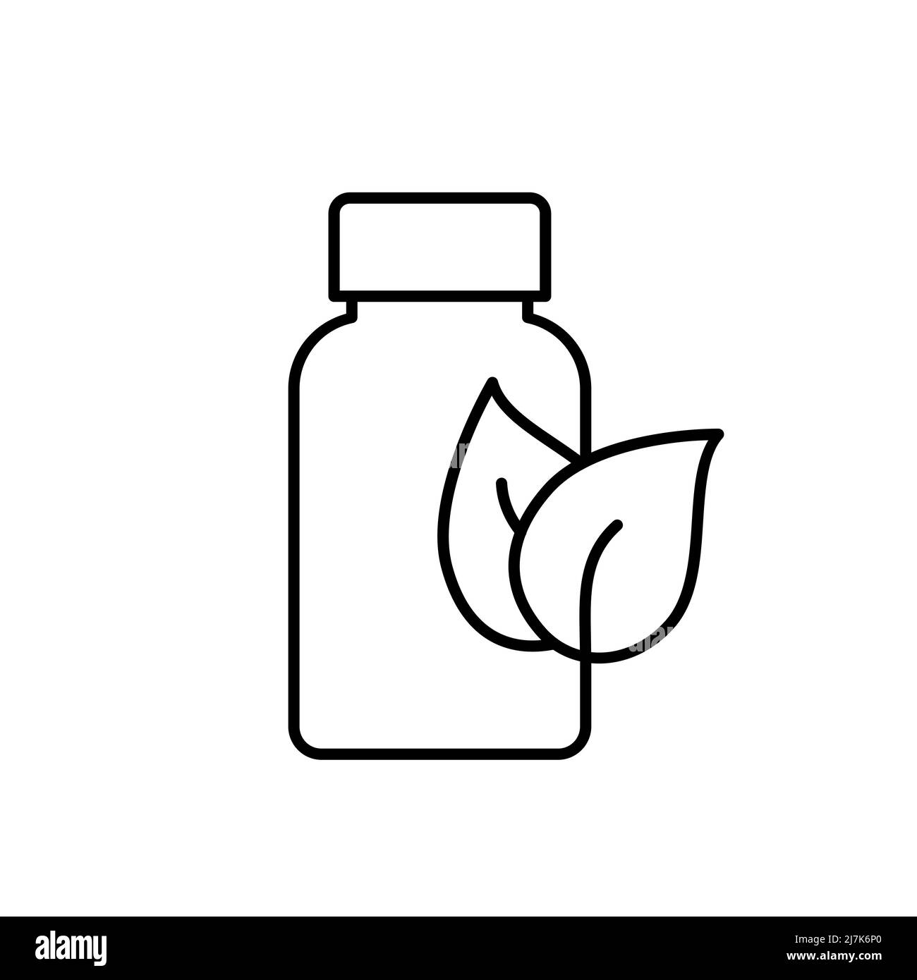 Symbol für Nahrungsergänzungsmittel in der Flasche. Pflanzliche Medizin. Pillenflasche mit Blättern. Vitamine und Mineralstoffe Tabletten. Diätetische Produkte. Vektor Stock Vektor