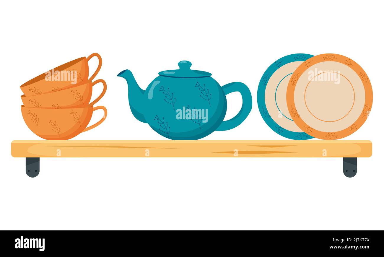 Stellen Sie Keramikgeschirr ein. Niedliche handgemachte Keramikplatten, Tassen, Zuckerdose, Teekannen, Geschirr. Küchengeräte, Keramik Vektor-Illustration Stock Vektor