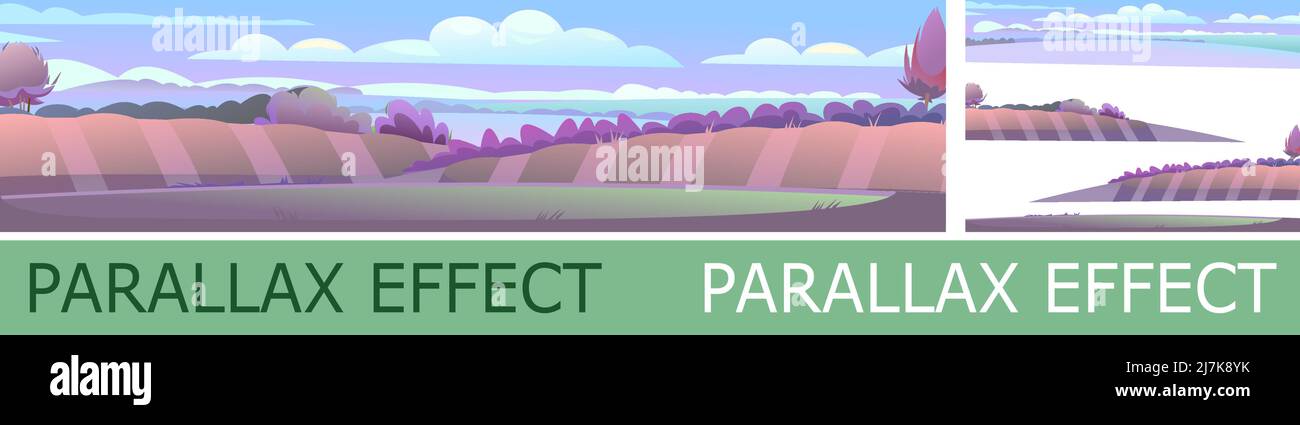 Abendlandschaft mit Parallaxeneffekt. Ländliche Landschaft schöne Aussicht. Dämmerung nach Sonnenuntergang. Früh am Morgen vor Sonnenaufgang. Felder und Wiesen. Stock Vektor