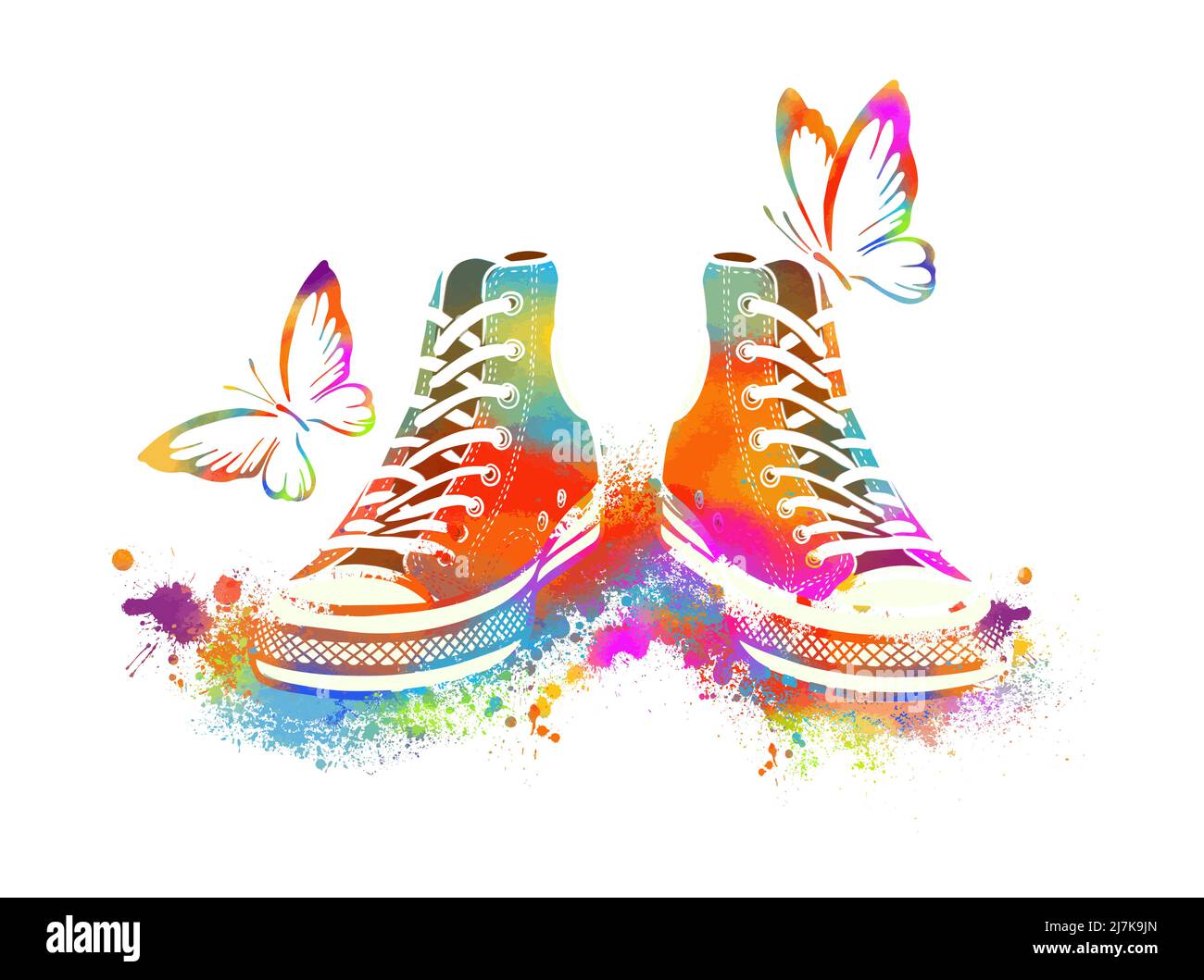 Bunte Regenbogen Sneaker mit Schmetterlingen. T-Shirt-Druck. Vektorgrafik Stock Vektor