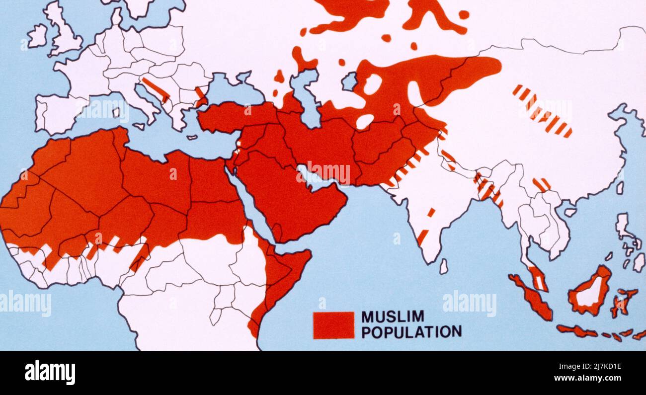Alte Karte zeigt muslimische Länder der Welt - Afrika, Asien und Europa Stockfoto