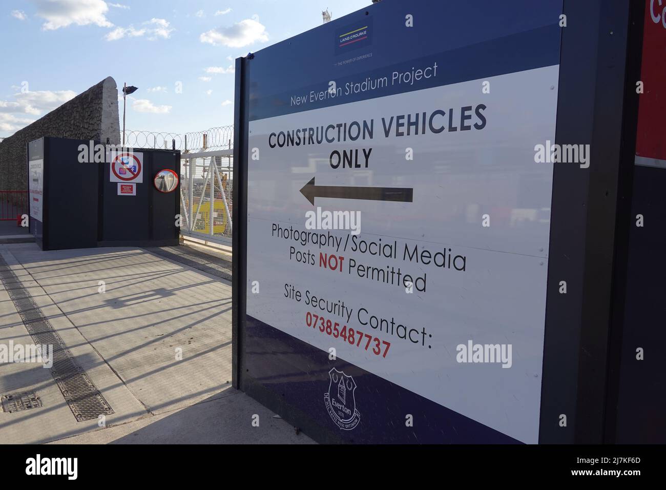 Eingang zur neuen Baustelle des Everton FC Stadions, Liverpool Merseyside, Großbritannien Stockfoto