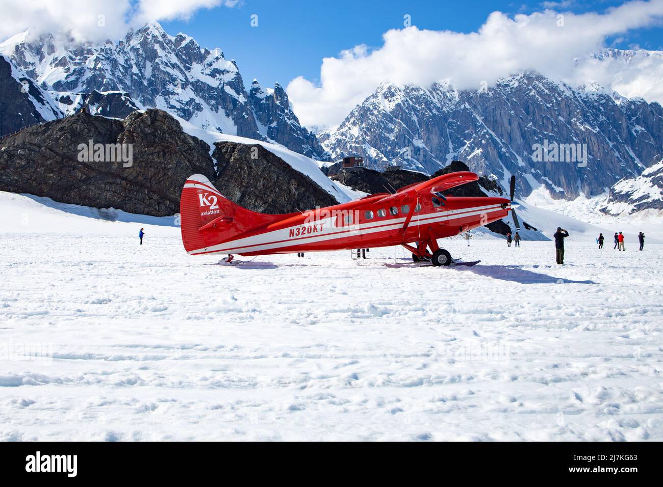 Landung auf dem Kahiltna-Gletscher mit Talkeetna Air Taxi, Denali National Park, Alaska Stockfoto