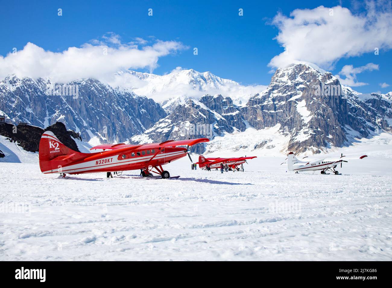 Landung auf dem Kahiltna-Gletscher mit Talkeetna Air Taxi, Denali National Park, Alaska Stockfoto