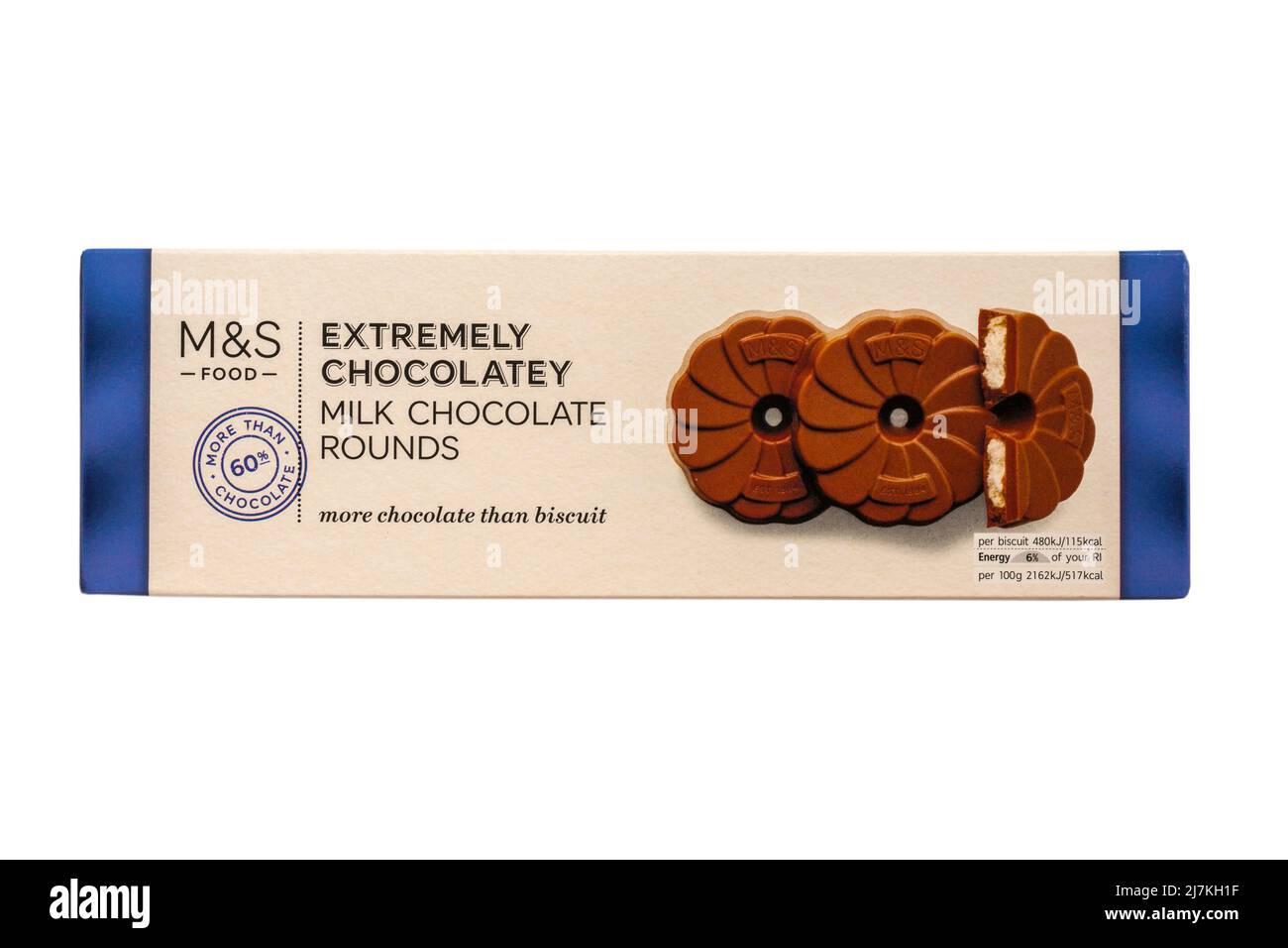 Box mit extrem schokoladiger Milch Schokolade rundet Kekse mehr Schokolade als Biskuit isoliert auf weißem Hintergrund Stockfoto